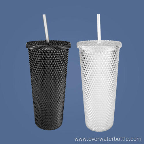 650ml Diamond Double-Layer Plastic Cup With Straw